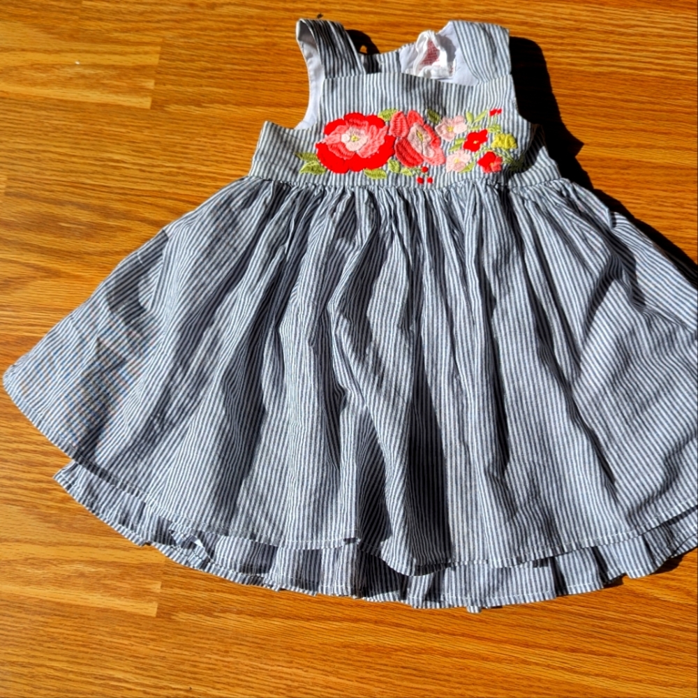 Savannah, Striped Sun Dress with Floral Embroidery. Soft Cotton. Flounce. 12 Mts